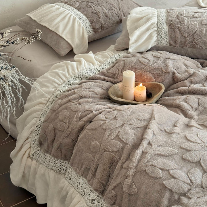 Plush Botanical Relief Duvet Cover & Ruffled Skirt Bedding Set