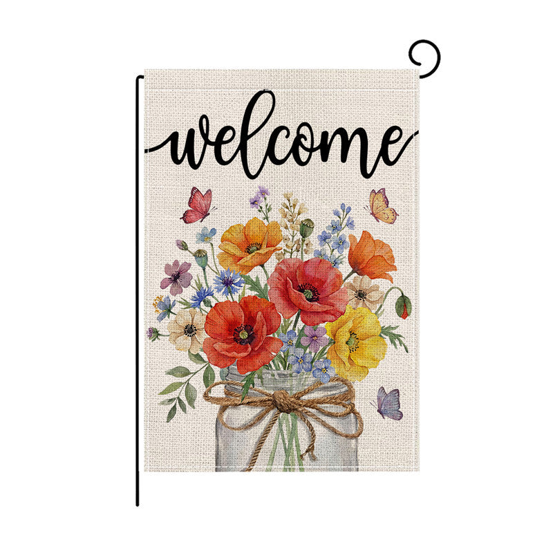 Decorative Burlap-Texture Welcome Garden Banner Flag with Sunflower Bouquet Mason Jar Artwork