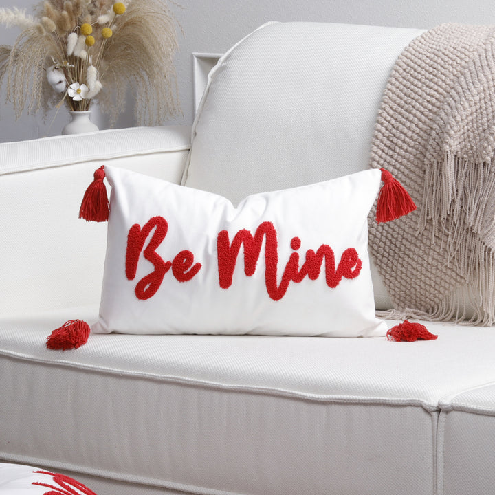 Square Decorative Pillow Cover with Fuzzy Heart Appliqué and Tassel Corners