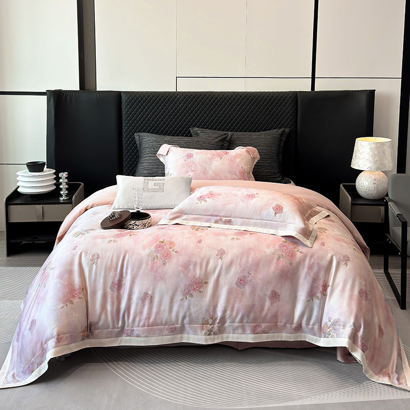 Luxurious satin bedding set with rose pattern and silky shiny surface