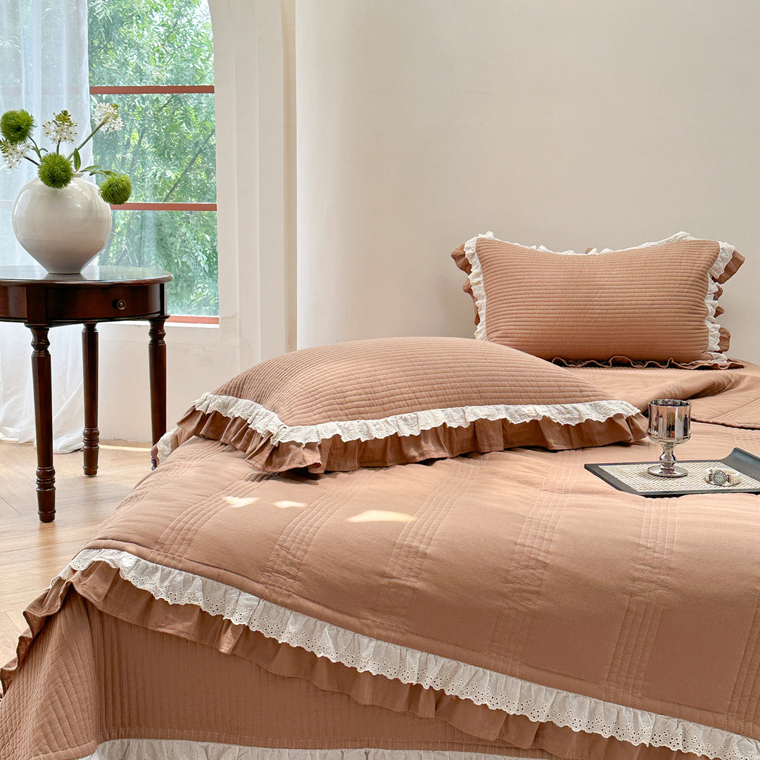 Quilted Ruffled Cotton Bedspread Set with Lace-Trim Pillow Shams