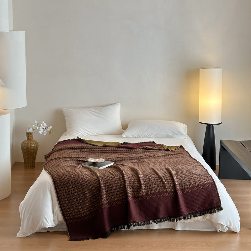 Woven Waffle-Texture Fringed Throw Blanket