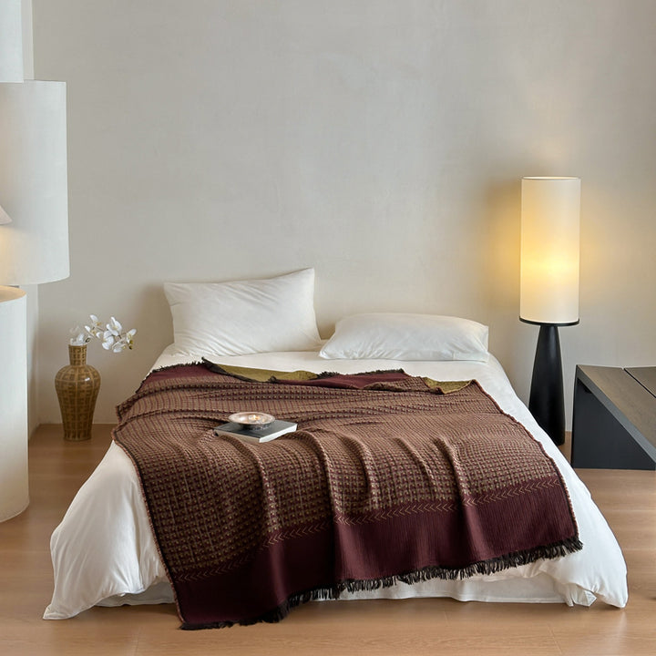 Woven Waffle-Texture Fringed Throw Blanket