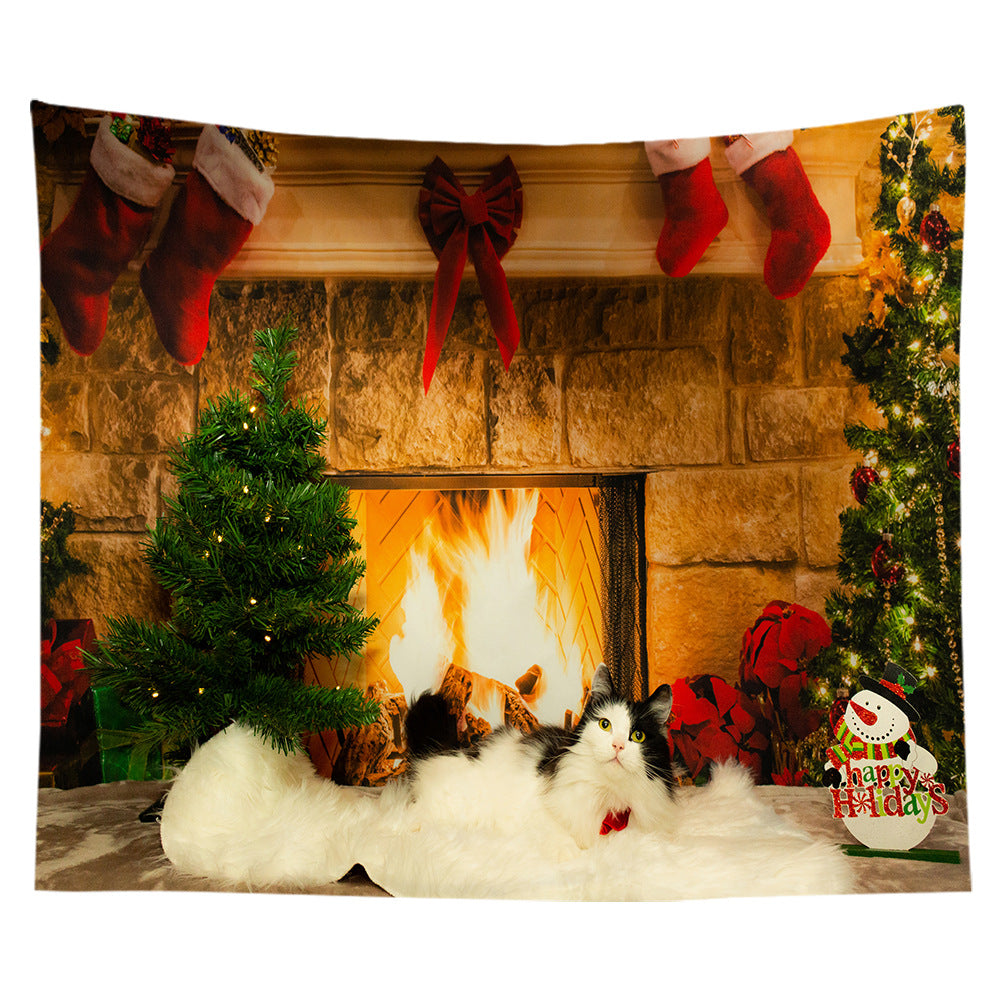 Lightweight Polyester Christmas Fireplace Scene Wall Tapestry Home Decor