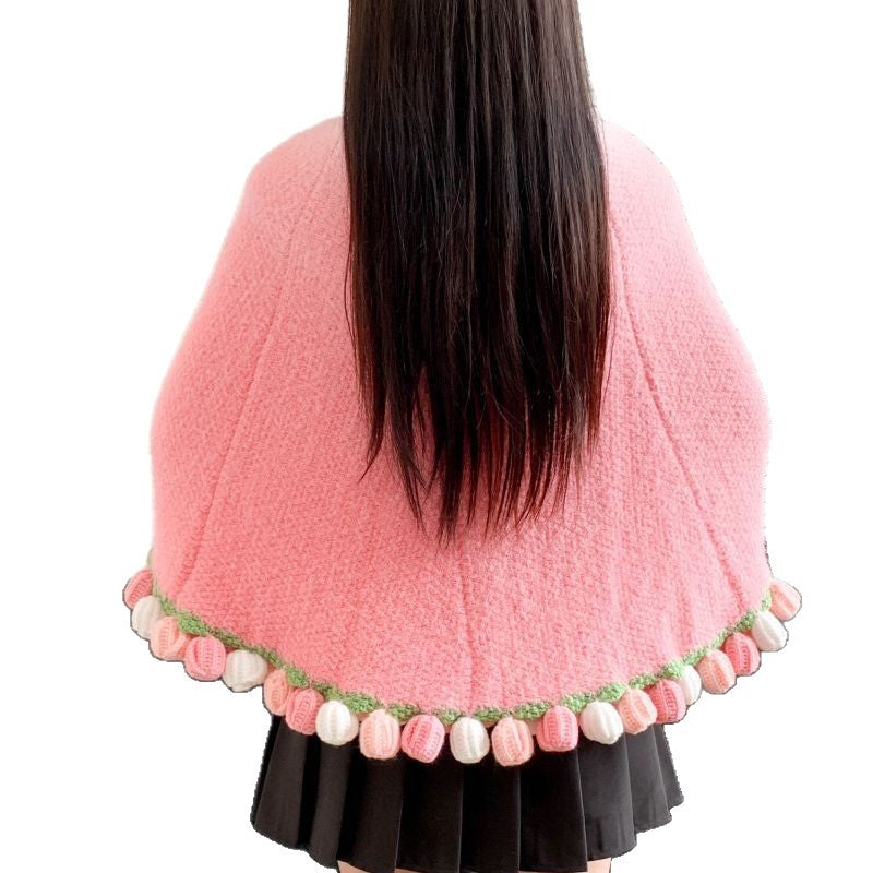 Poncho with Colorful Pom Pom Trim Stornfield
