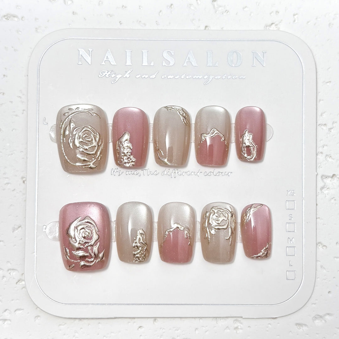 Floral-Engraved Press-On Nail Design Set