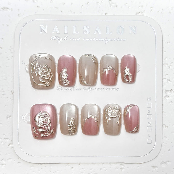 Floral-Engraved Press-On Nail Design Set