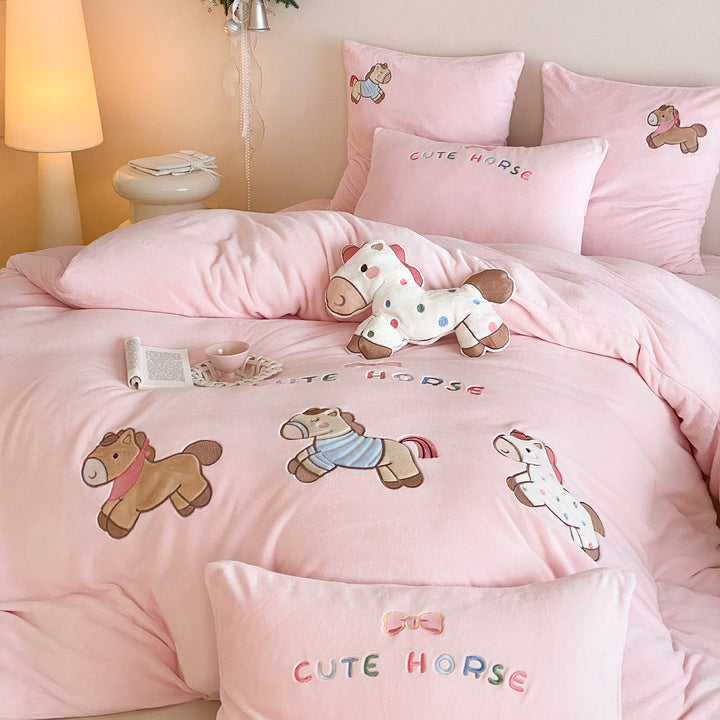 Children's Plush Horse Embroidered Duvet Cover Bedding Set
