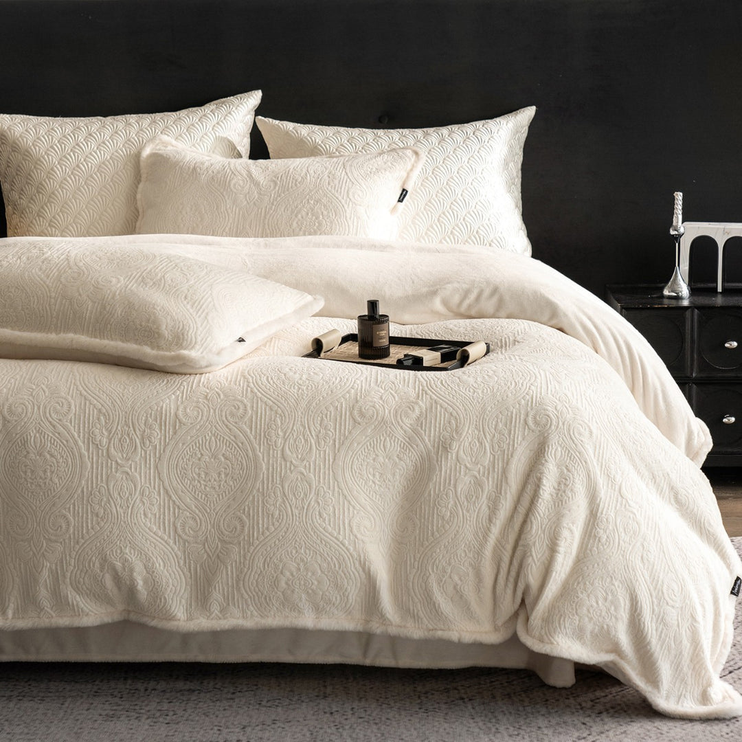 Quilted Embossed Paisley Duvet Cover Set with Reversible Plush Backing