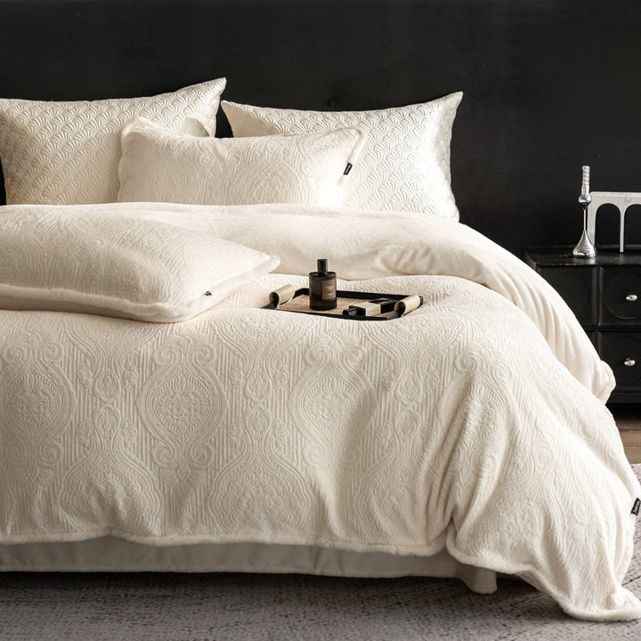 Quilted Embossed Paisley Duvet Cover Set with Reversible Plush Backing