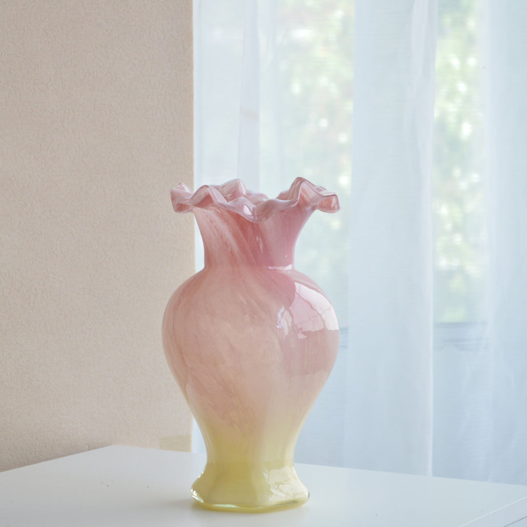 Hand-Blown Ruffled-Rim Art Glass Vase with Ombre Pink Ivory Finish Stornfield