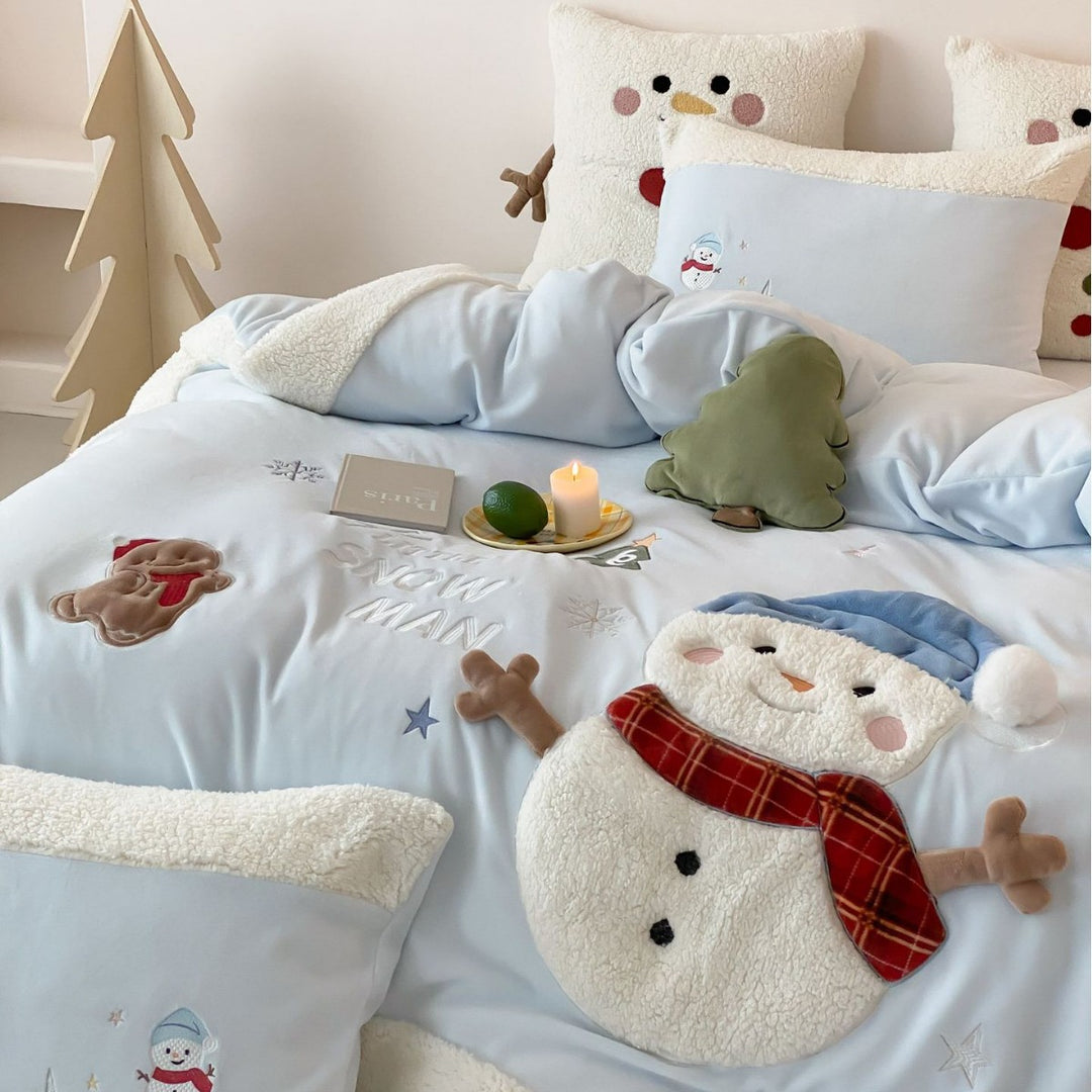 Children's Sherpa-Trim Snowman & Gingerbread Appliqué Duvet Cover Set