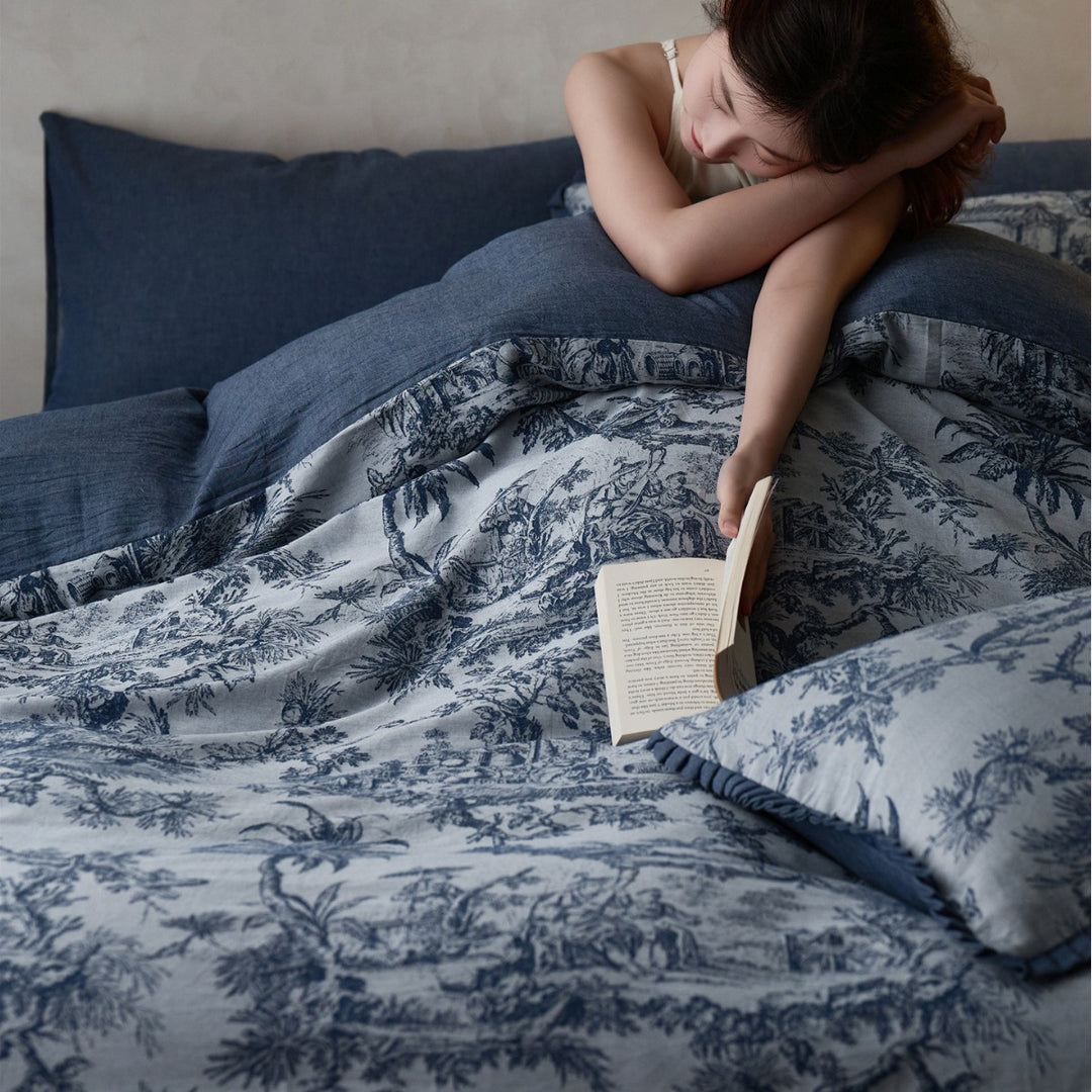 Reversible Toile-Print Linen-Blend Duvet Cover Set with Textured Reverse