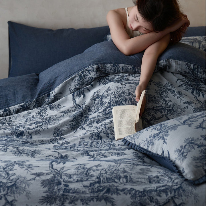 Reversible Toile-Print Linen-Blend Duvet Cover Set with Textured Reverse
