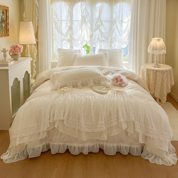Romantic Ruffled Lace Layered Duvet Cover Set