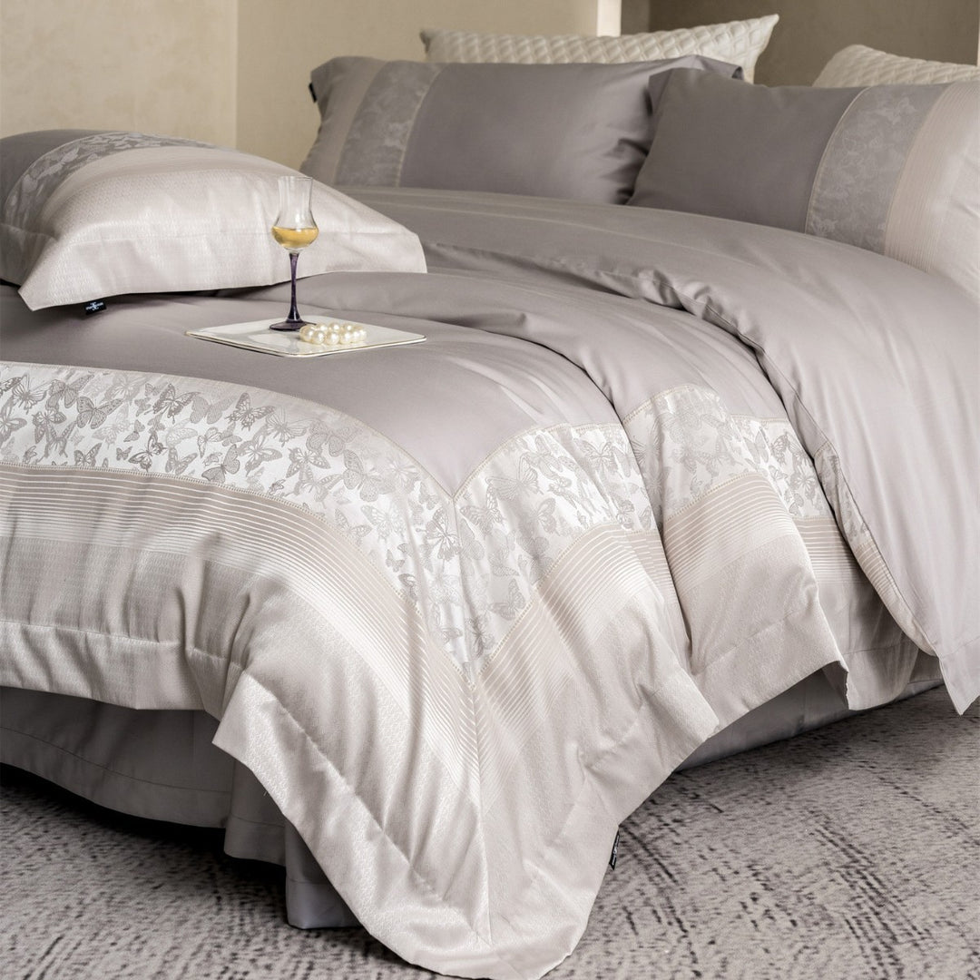 Luxury Jacquard-Trim Cotton-Sateen Duvet Cover Set with Butterfly Border & Deep-Fit Corners