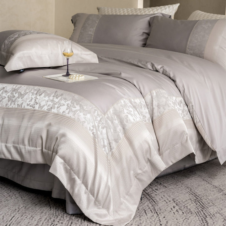 Luxury Jacquard-Trim Cotton-Sateen Duvet Cover Set with Butterfly Border & Deep-Fit Corners