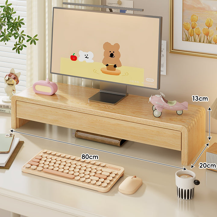 Wide Solid Wood Curved Desktop Monitor Stand Riser with Under-Shelf Storage
