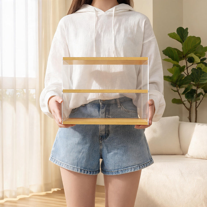 Compact Multi-Level Countertop Cup and Mug Display Shelf with Bamboo Shelves and Transparent Sides
