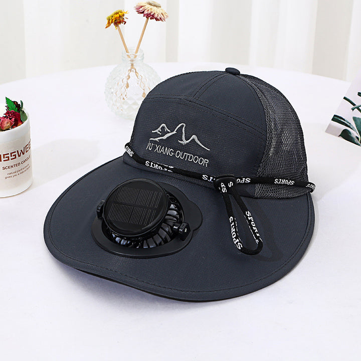 Ventilated outdoor sun hat with integrated solar fan detachable solar panel breathable mesh and adjustable chin strap Stornfield