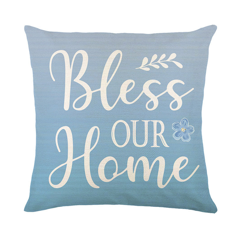 Farmhouse Decorative Cotton-Linen Throw Pillow Cover with Script Blessing and Hidden Zipper
