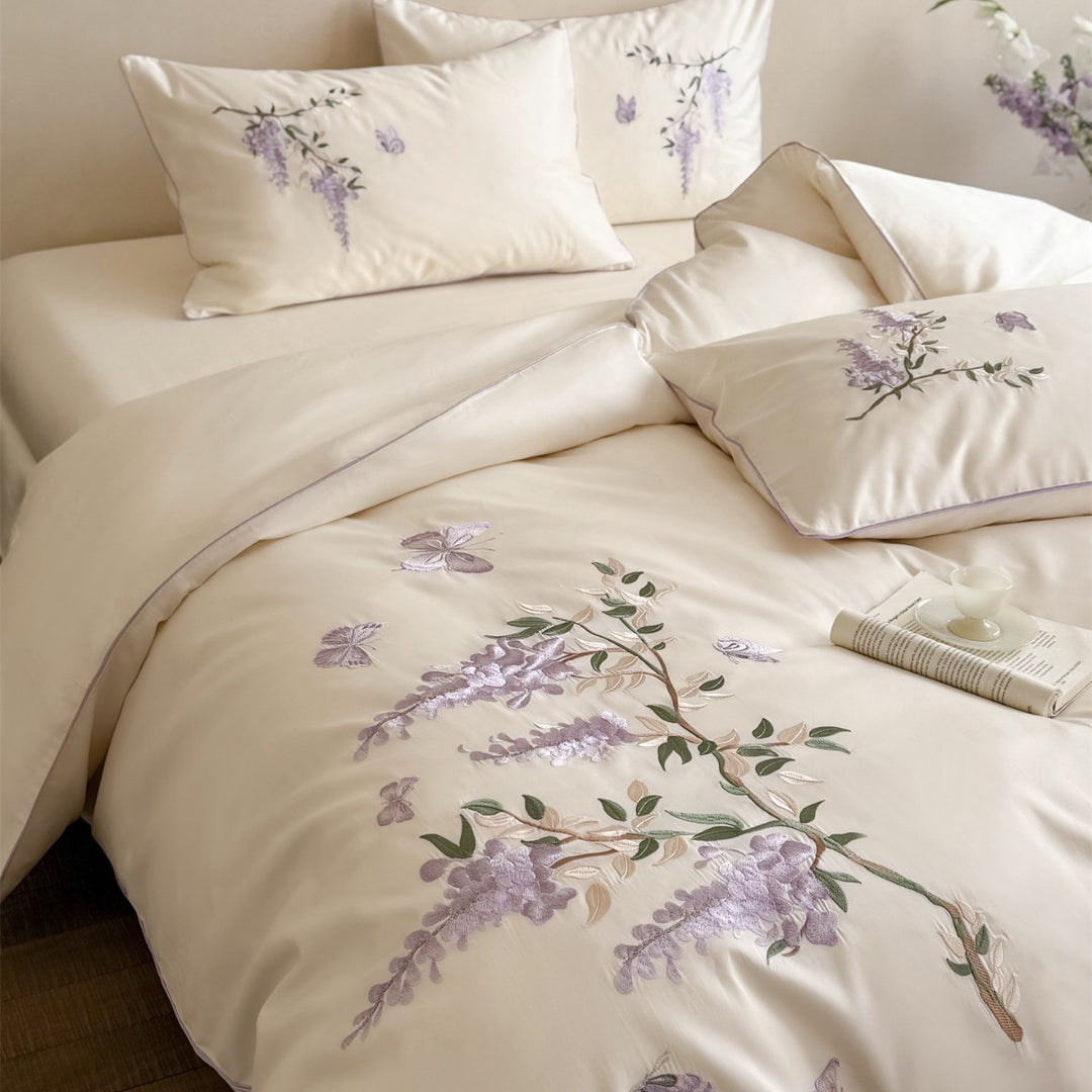 Embroidered Botanical Satin Duvet Cover Set with Delicate Wisteria Motif