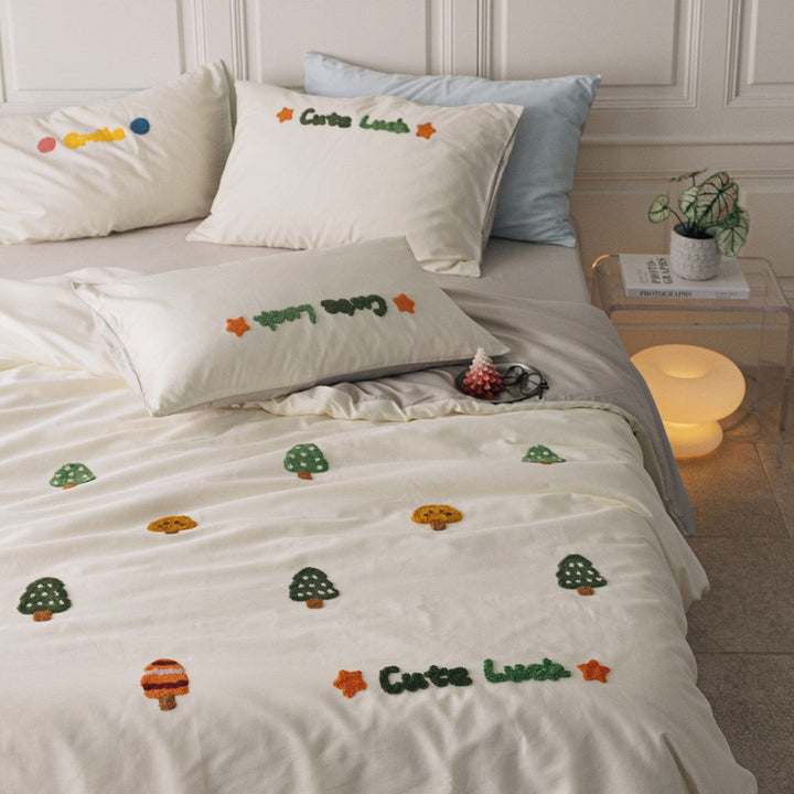 Embroidered Tufted Cotton Duvet Cover Set with Decorative Pillowcases