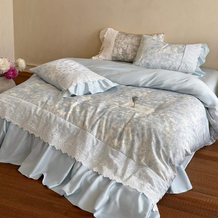 Romantic Ruffled Satin-Blend Duvet Cover Set with Lace Trim & Decorative Bed Skirt
