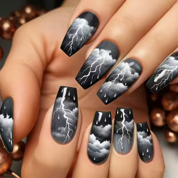 Artistic Lightning-Themed Nail Art Extensions Stornfield