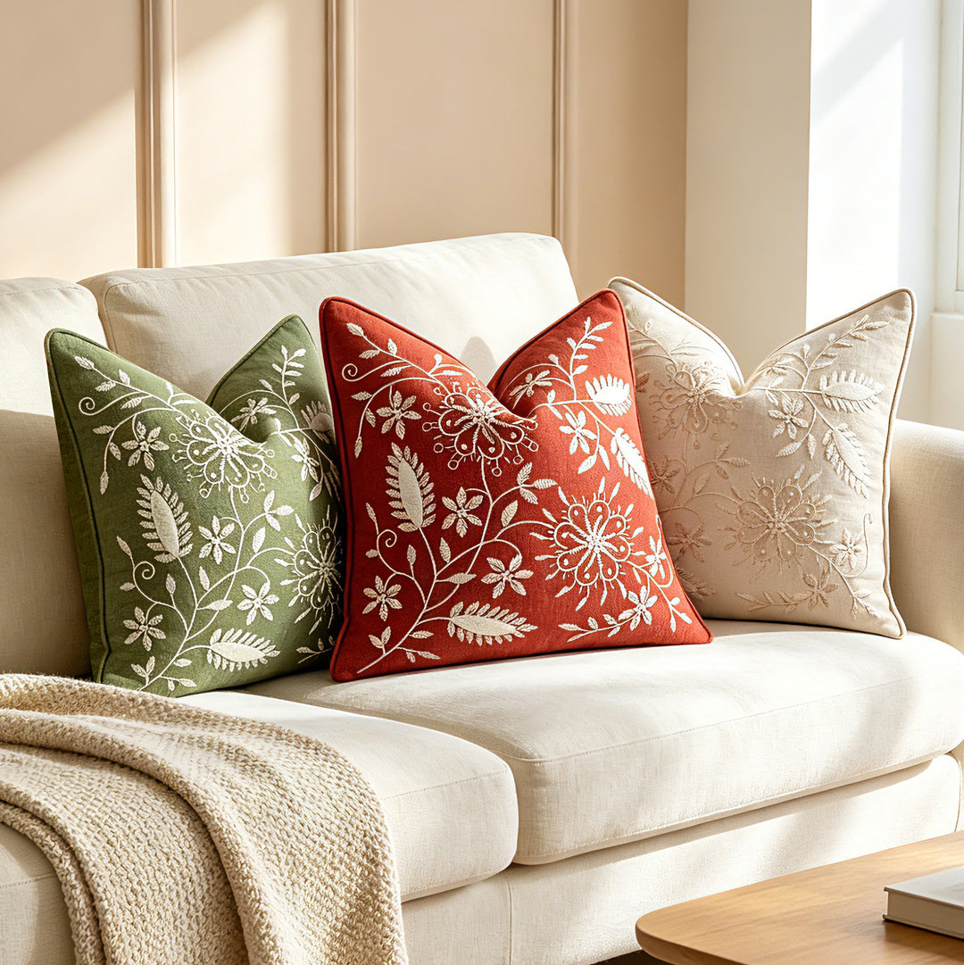 Square Embroidered Linen-Blend Decorative Throw Pillow Cover with Piped Edge