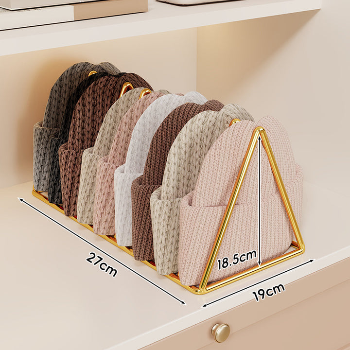 Triangular Gold Metal Multi-Slot Beanie and Knit Hat Organizer Rack