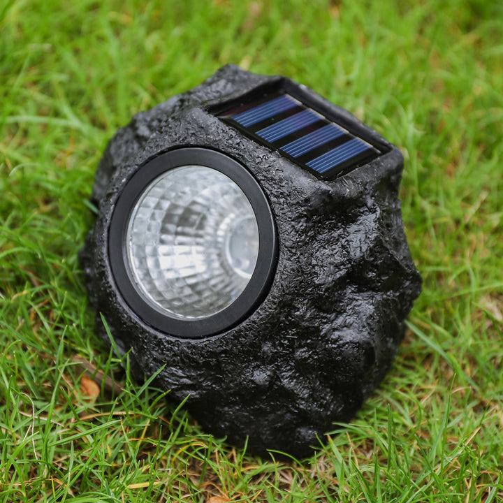 Solar-Powered LED Faux-Rock Garden Spotlight With Integrated Solar Panel And Weatherproof Textured Resin Housing Stornfield