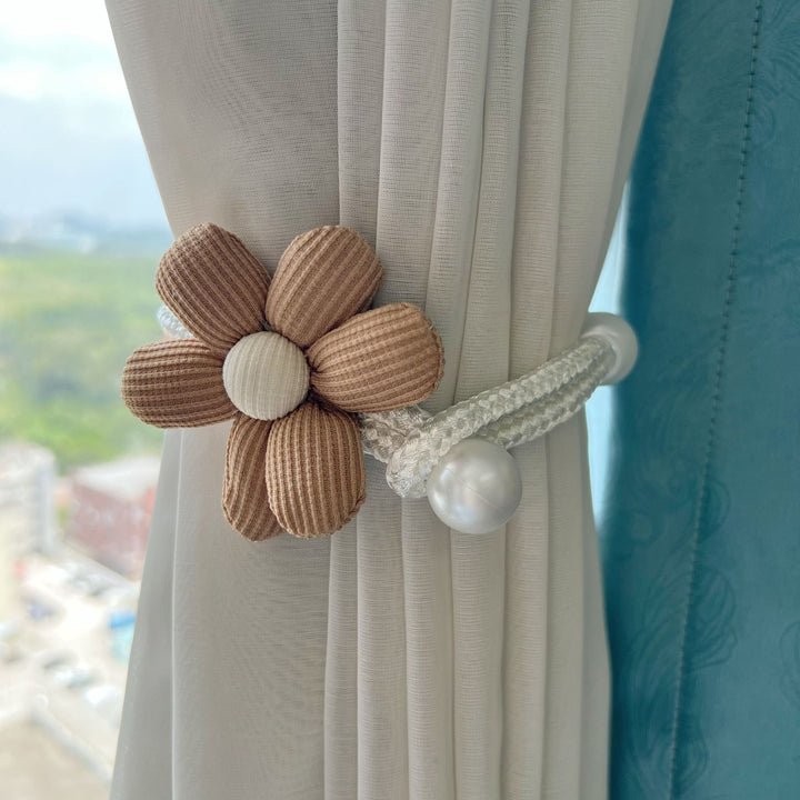 Fabric Flower Curtain Tieback with Braided Rope and Faux Pearl Accent