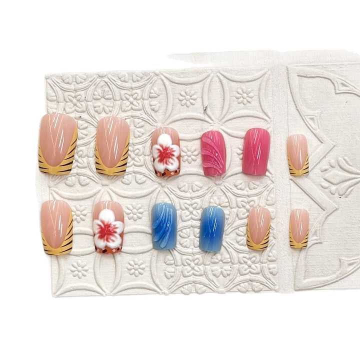 Artistic Press-On Nail Set with Floral and Wave Designs Stornfield