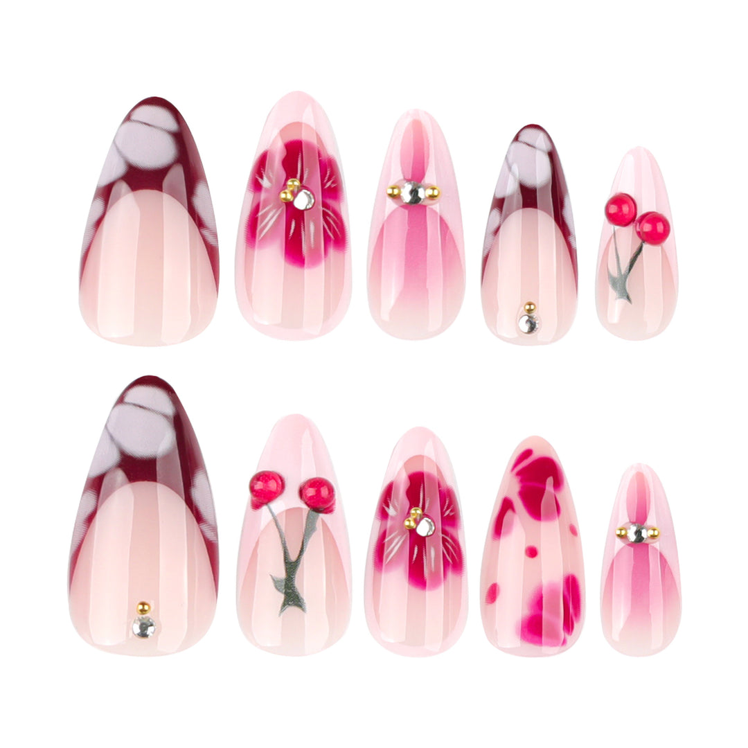 Artistic Floral and Cherry-Embellished Press-On Nails Stornfield