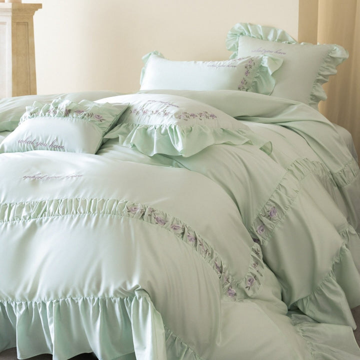 Frilled Embroidered Cotton Sateen Duvet Cover Set