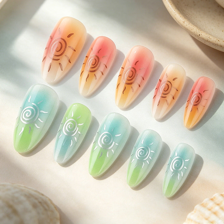 Artistic Press-On Nail Set Featuring Sun Designs Stornfield