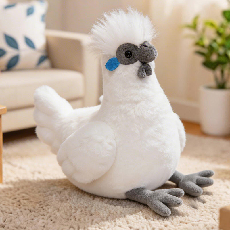 Lifelike Plush Hen Floor Cushion with Fluffy Faux Fur and Embroidered Face Stornfield