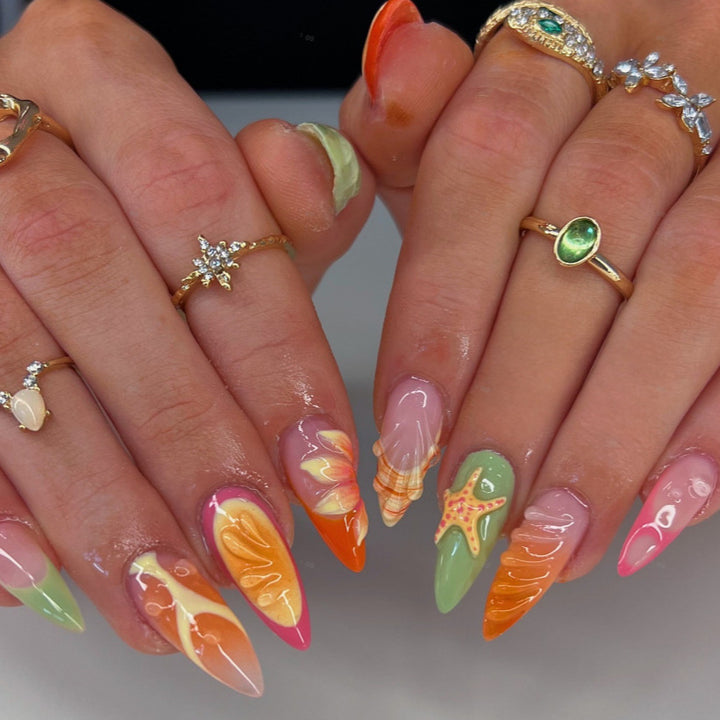 Artistic Stiletto Press-On Nail Set with Vibrant Tropical Designs Stornfield