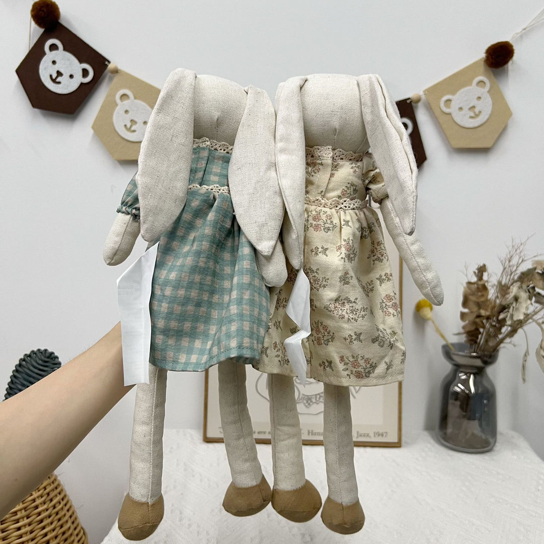 Handcrafted Linen Bunny Rag Doll with Long Ears and Gingham Dress