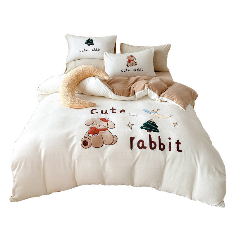 Plush Embroidered Duvet Cover Set with Rabbit Appliqué & Decorative Pillow Shams