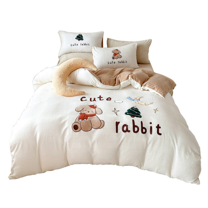 Plush Embroidered Duvet Cover Set with Rabbit Appliqué & Decorative Pillow Shams