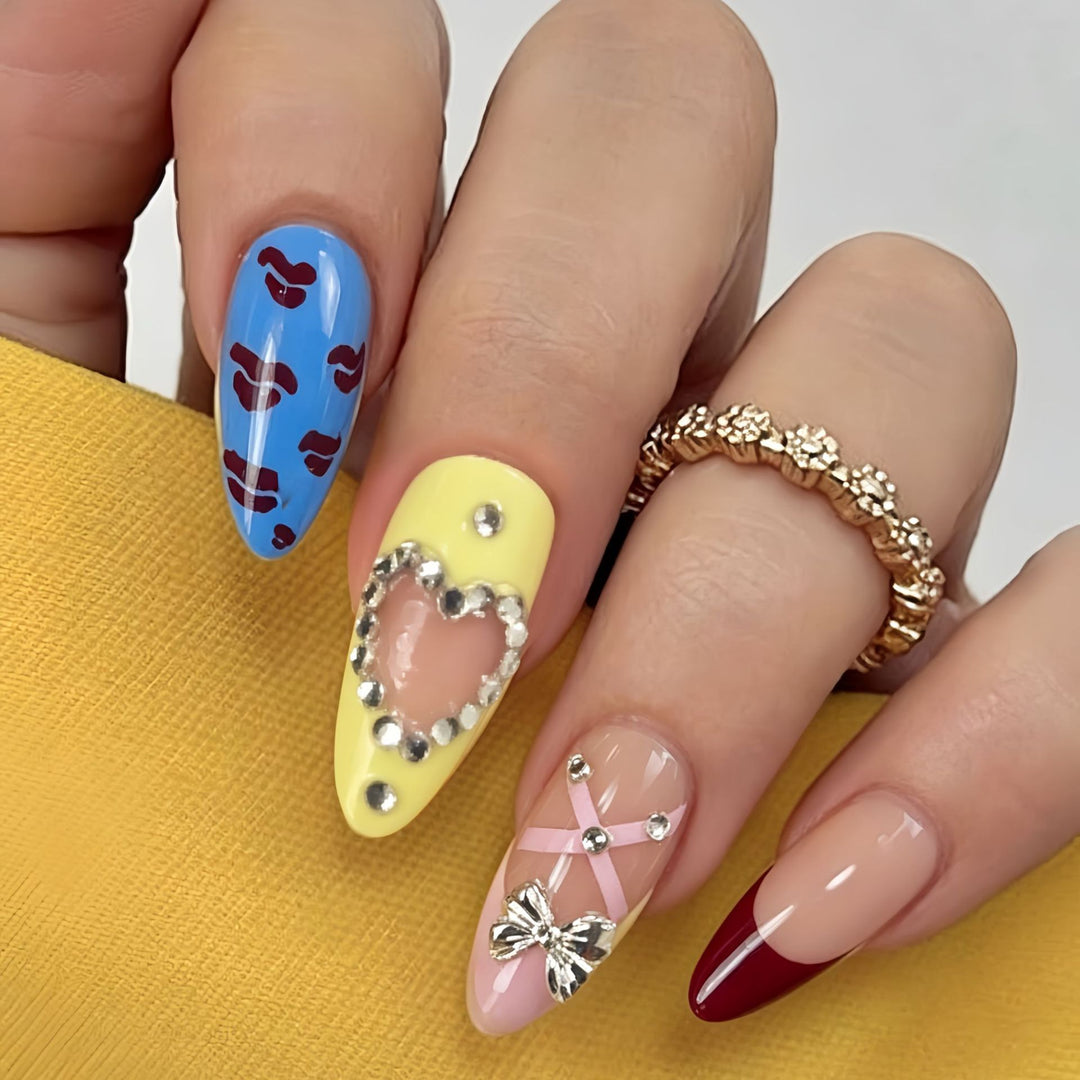 Artificial nails with playful design and 3D embellishments Stornfield