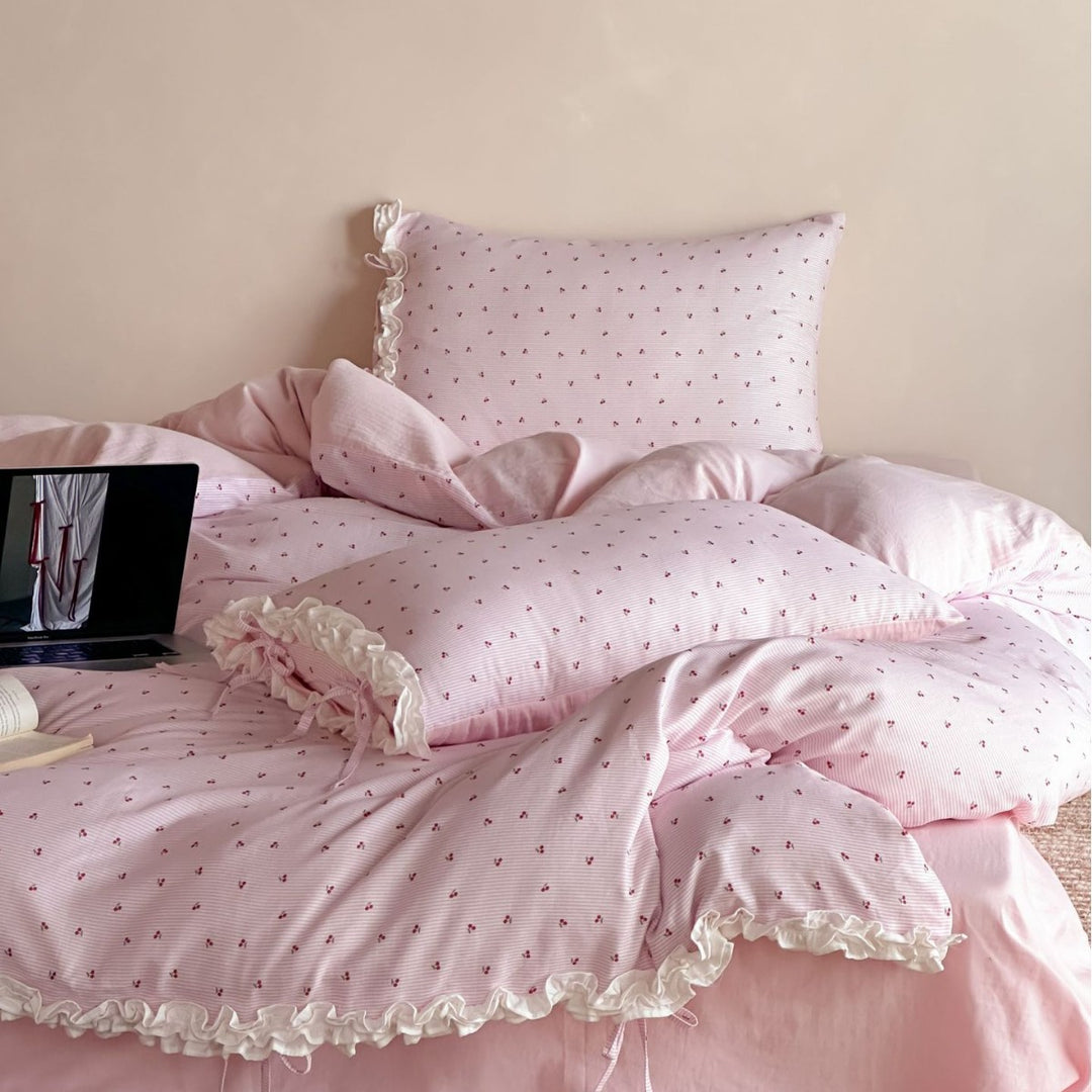 Romantic bedding set with frill, fine cherry pattern, and soft woven cotton