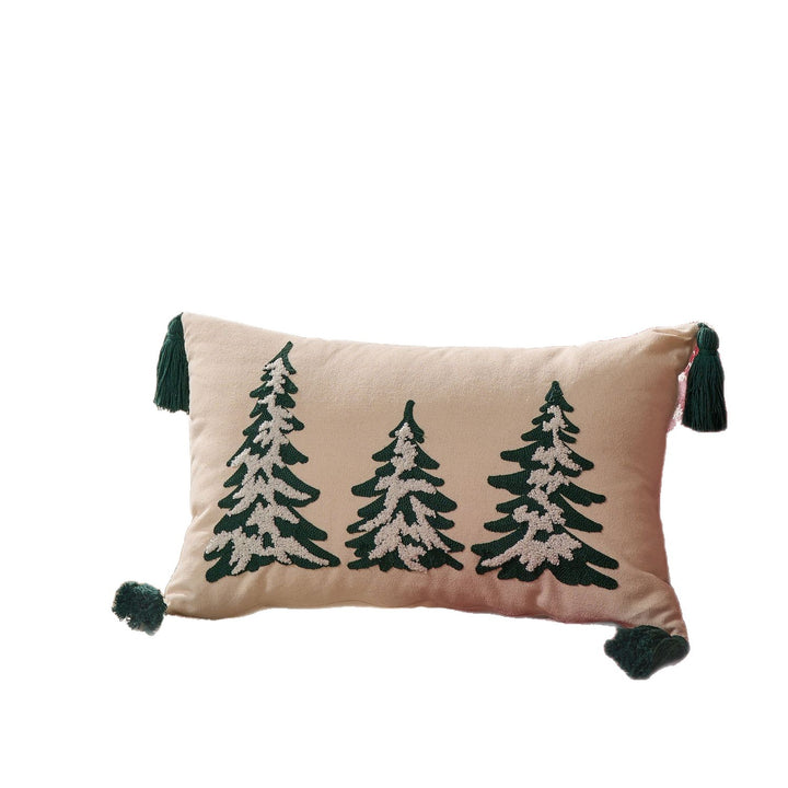 Embroidered Pine Tree Square Throw Pillow with Corner Tassels