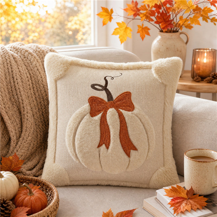 Autumn Plush Decorative Throw Pillow with Dimensional Pumpkin Applique