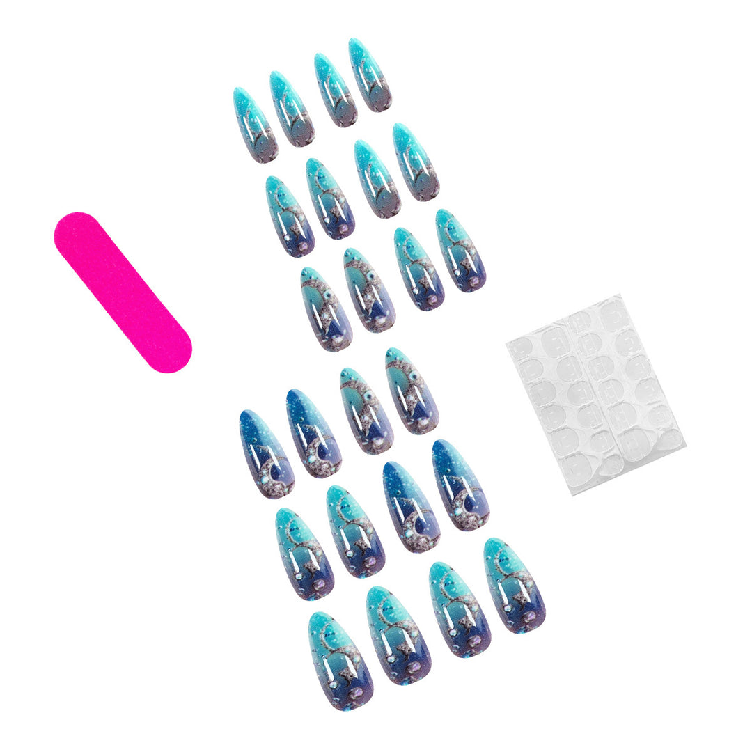 Artistic stiletto nails with glitter and marine motifs Stornfield