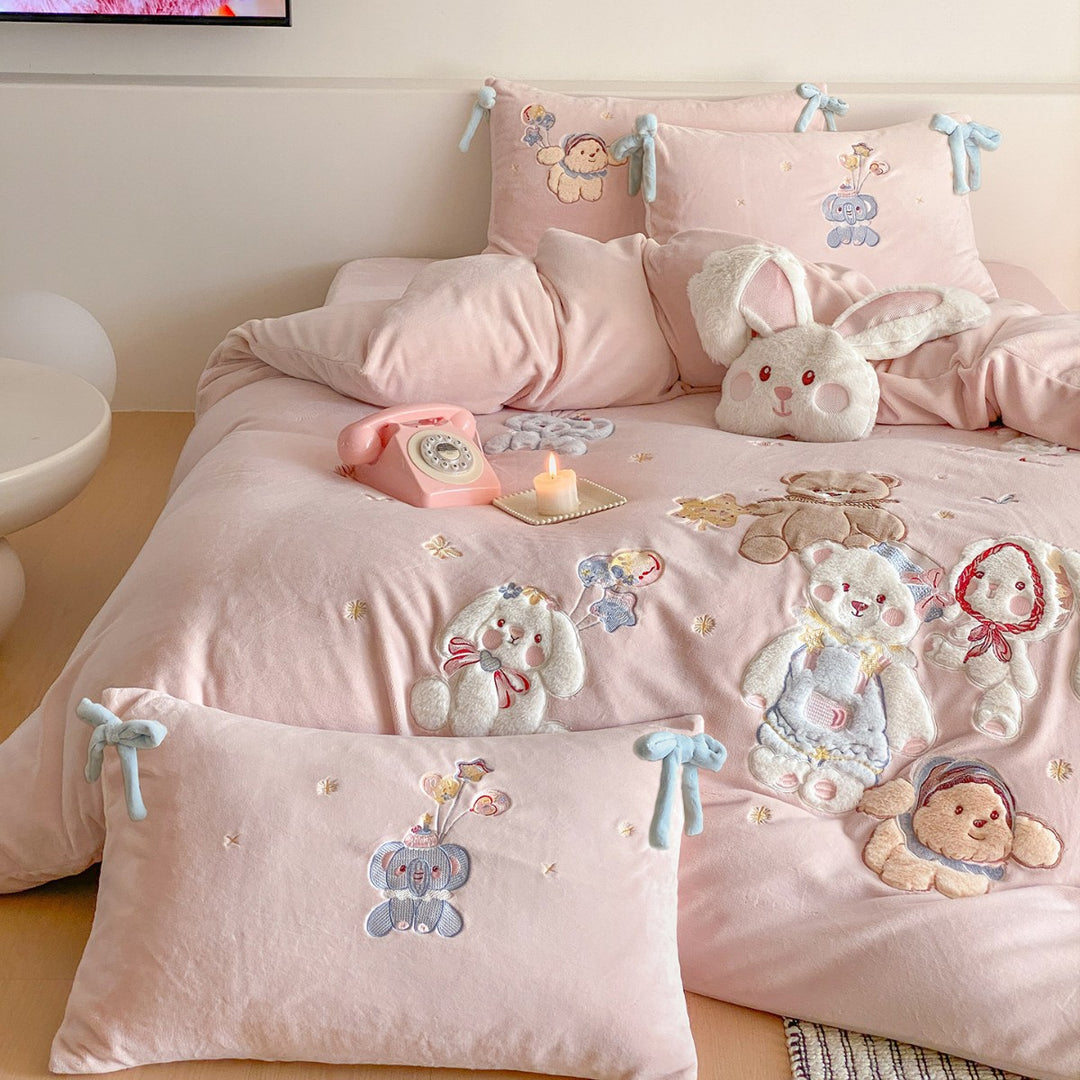 Plush Embroidered Appliqué Duvet Cover Set with Bow-Tie Shams