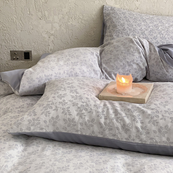 Floral Micro-Print Cotton Sateen Duvet Cover Set with Reversible Solid-Back and Pillow Shams
