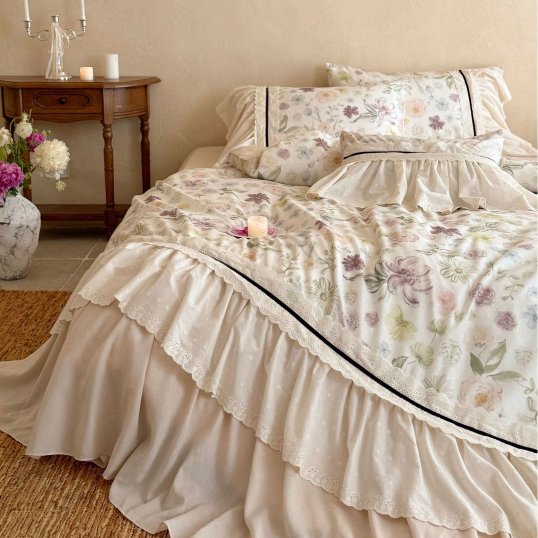 Floral Ruffled Duvet Cover Set with Layered Bedskirt and Pillow Shams